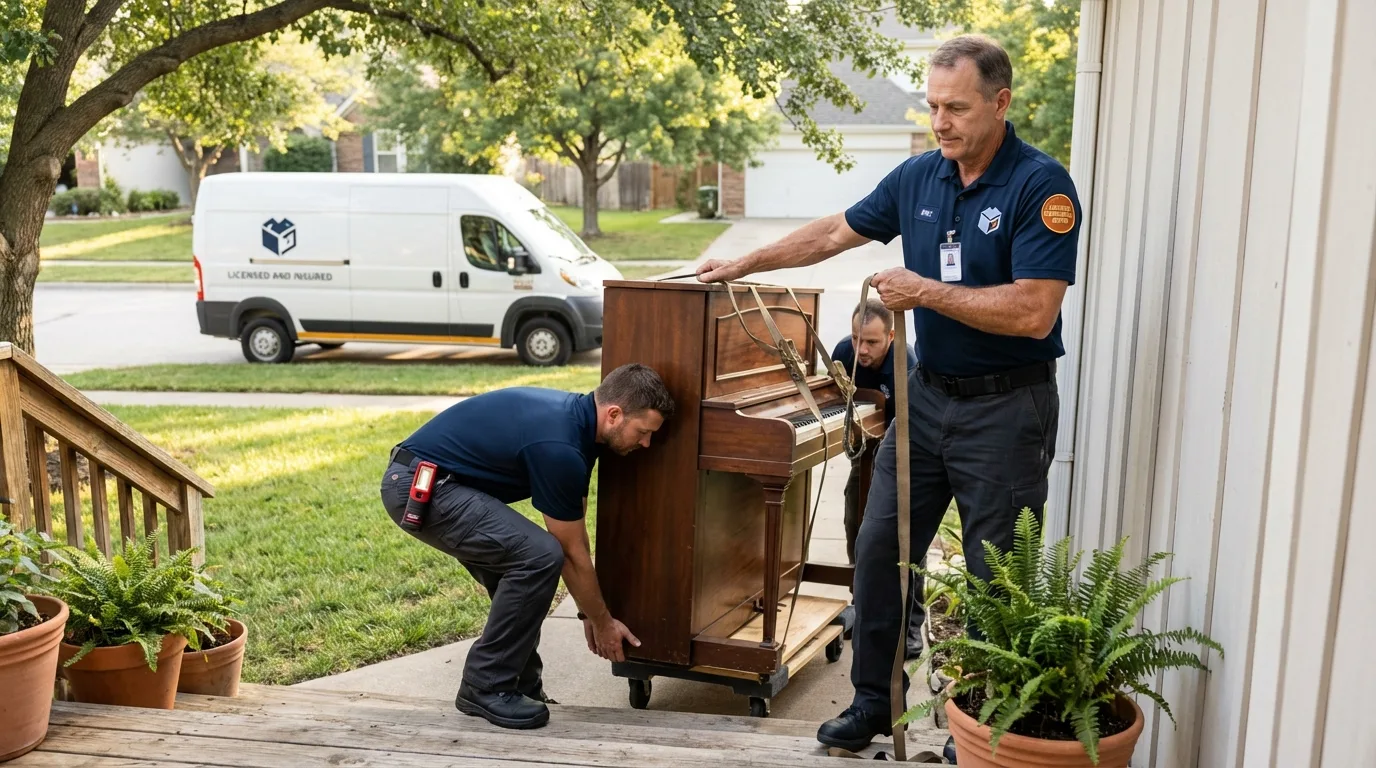 Licensed piano movers securing grand piano in Mechanicsburg, PA