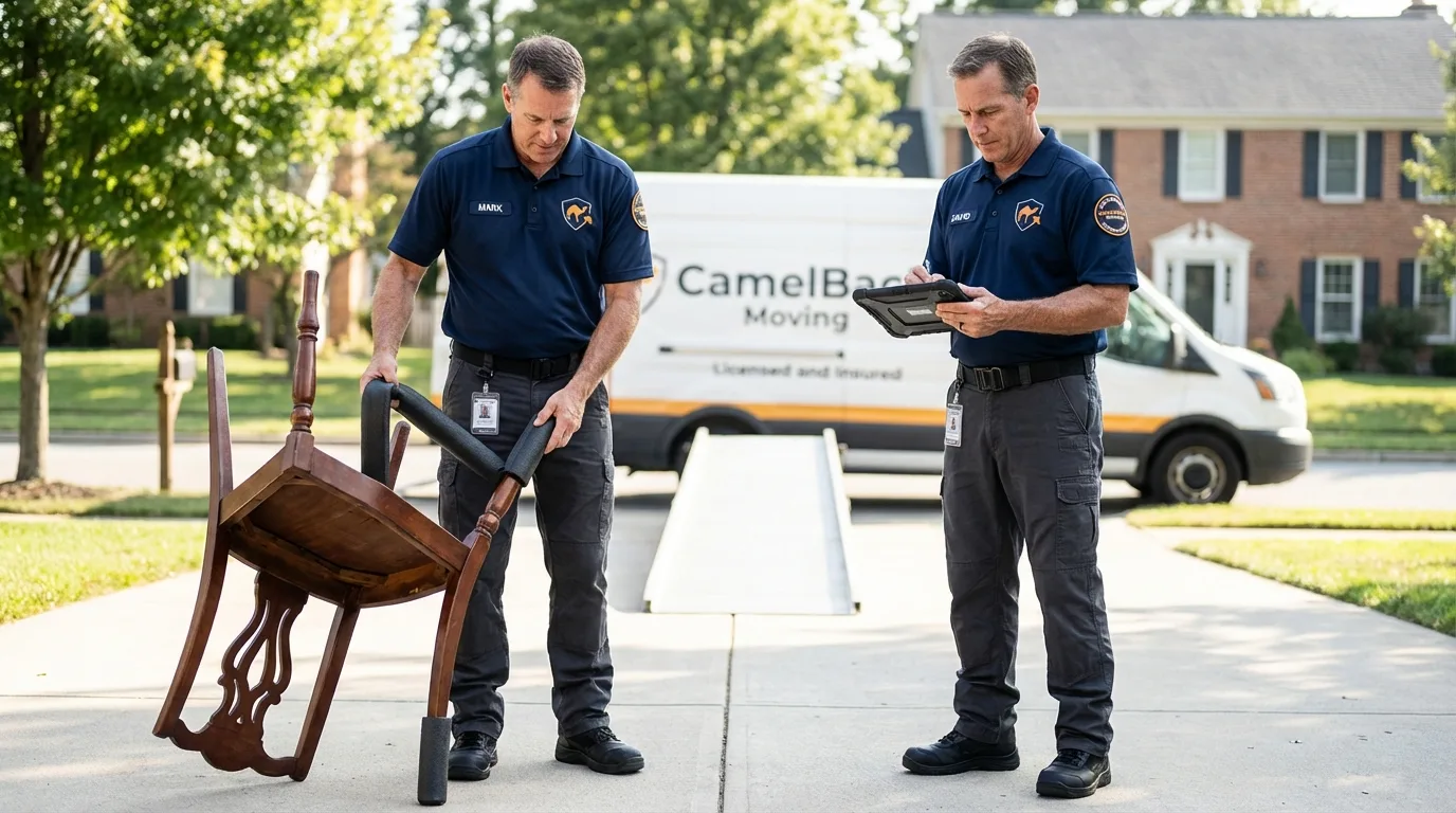 Movers inspecting furniture for damage prevention before loading in Mechanicsburg, PA