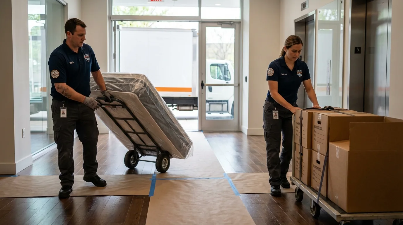 Professional apartment movers loading elevator in Mechanicsburg, PA