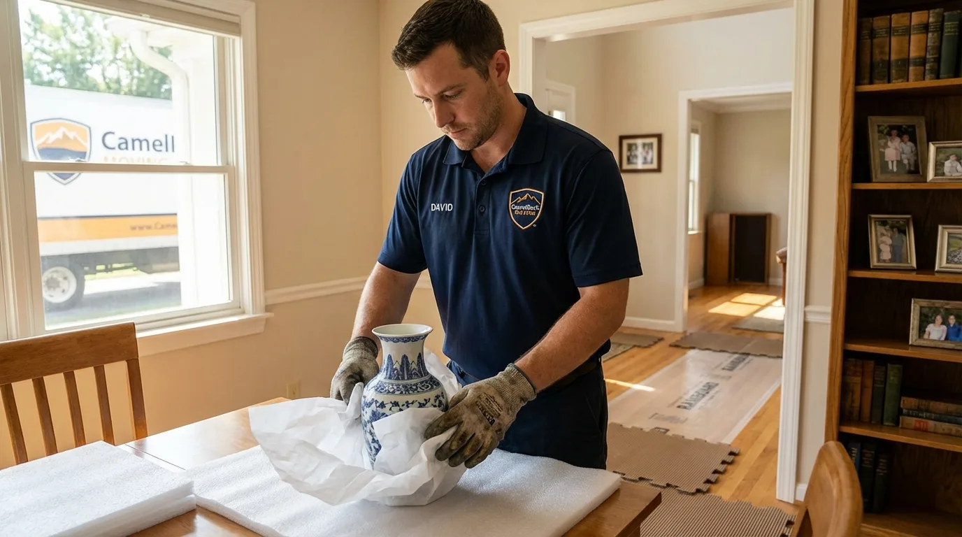 Professional crew carefully wrapping antique vase for senior downsizing move in Mechanicsburg, PA